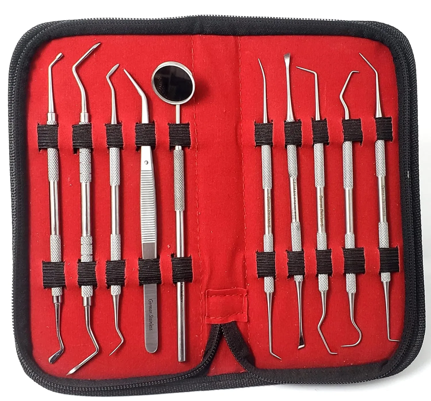10 Pcs Professional Plaque Remover Kit Oral Care Tools Stainless Steel Double Ended Dental Picks with Scraper, Mouth Mirror, Tweezers & Plugger for Gum Care Cleaning Set with Carrying Case