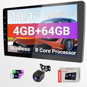 10.1 Inch HD Carplay Screen for Car with 720P Touchscreen, Double Din Car Stereo, 8-Core Processor, Backup Camera, 64GB Storage,GPS Navigation, USB Ports, Quick Reverse