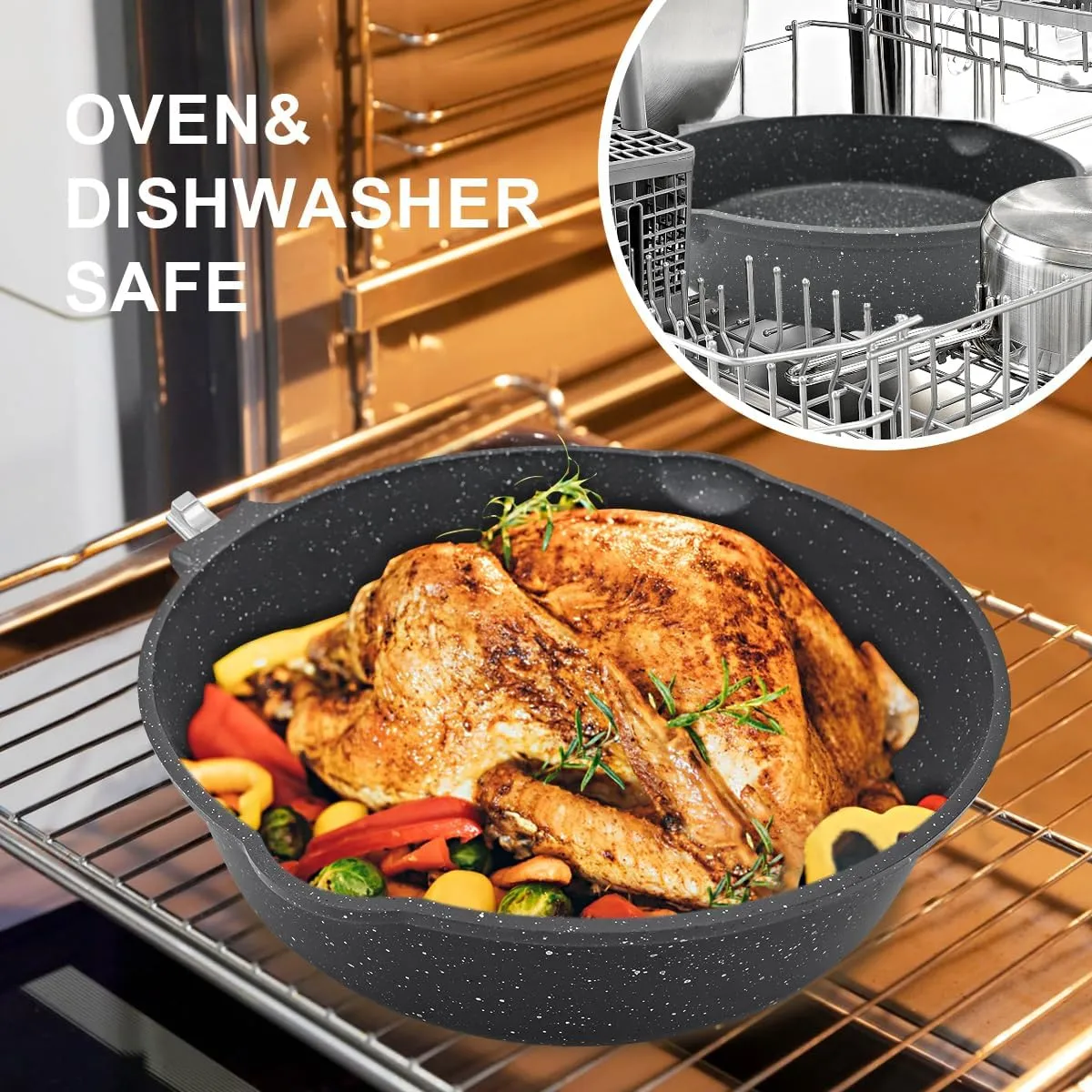 11 Inch Nonstick Deep Frying Pan with Lid, 5Qt Non Stick Skillet with Removable Handle, Aluminum Sauté Pan Compatible with All Stovetops, Dishwasher& Oven Safe (Black)