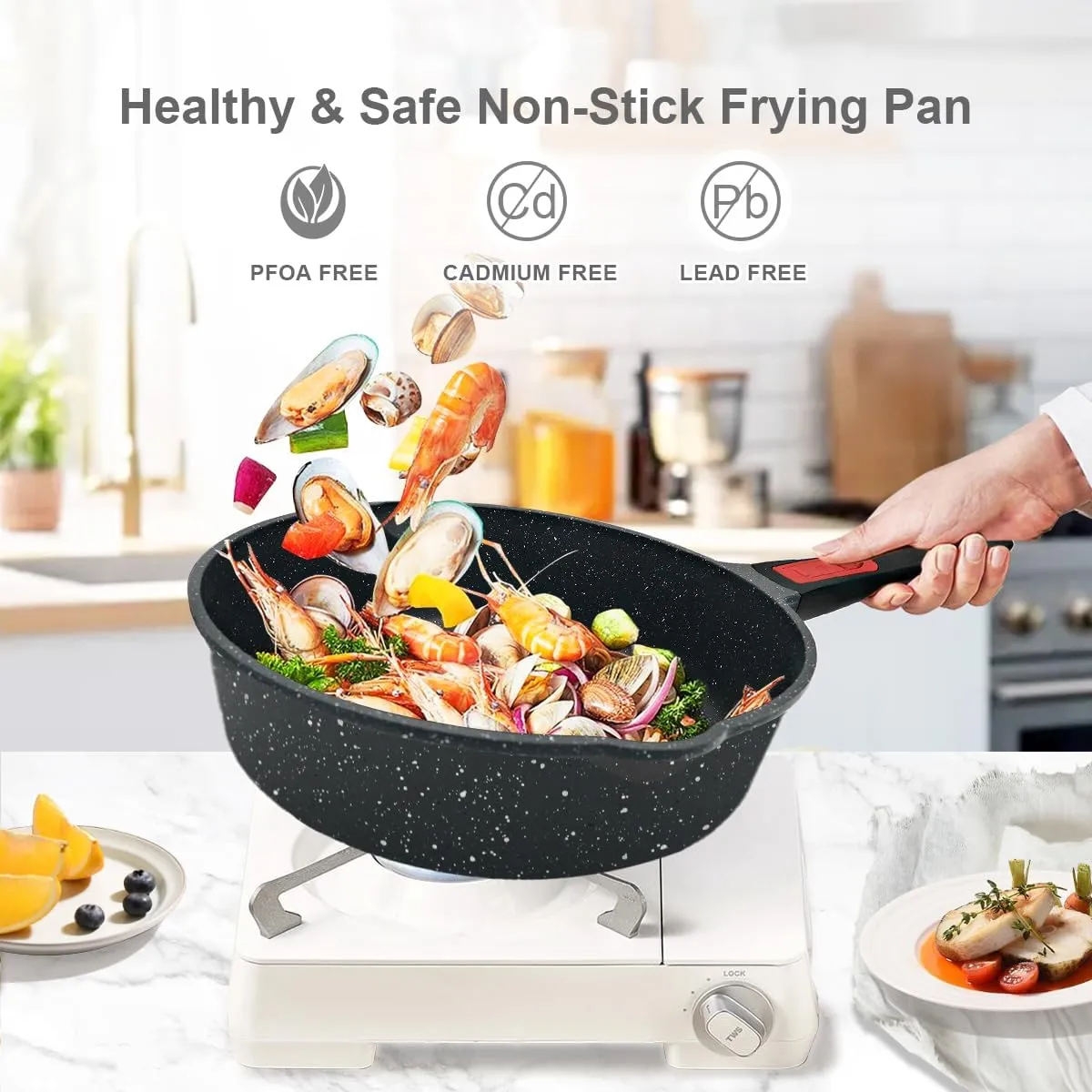 11 Inch Nonstick Deep Frying Pan with Lid, 5Qt Non Stick Skillet with Removable Handle, Aluminum Sauté Pan Compatible with All Stovetops, Dishwasher& Oven Safe (Black)