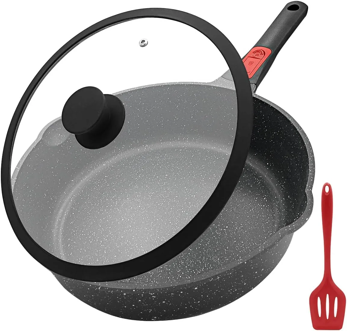 11 Inch Nonstick Deep Frying Pan with Lid, 5Qt Non Stick Skillet with Removable Handle, Aluminum Sauté Pan Compatible with All Stovetops, Dishwasher& Oven Safe (Black)