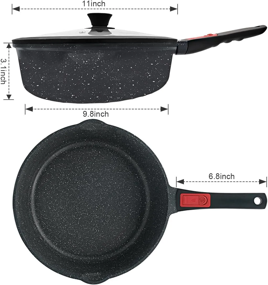 11 Inch Nonstick Deep Frying Pan with Lid, 5Qt Non Stick Skillet with Removable Handle, Aluminum Sauté Pan Compatible with All Stovetops, Dishwasher& Oven Safe (Black)