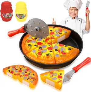 11 PCS Pizza Party Toy Play Set for Kids, Pizza Pie Pretend Play Food - Slice and Serve Plastic Kitchen Cooking and Cutting Playset