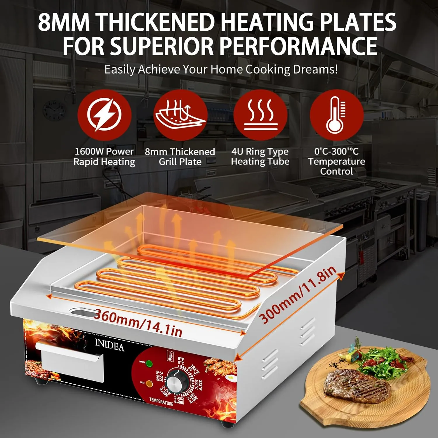 110V Commercial Electric Griddle 14",1600W Countertop Flat Top Grill,Non-Stick Stainless Steel Teppanyaki Griddle, 122-572℉ Adjustable Temp Control, Perfect for Home or Restaurant Kitchen Use