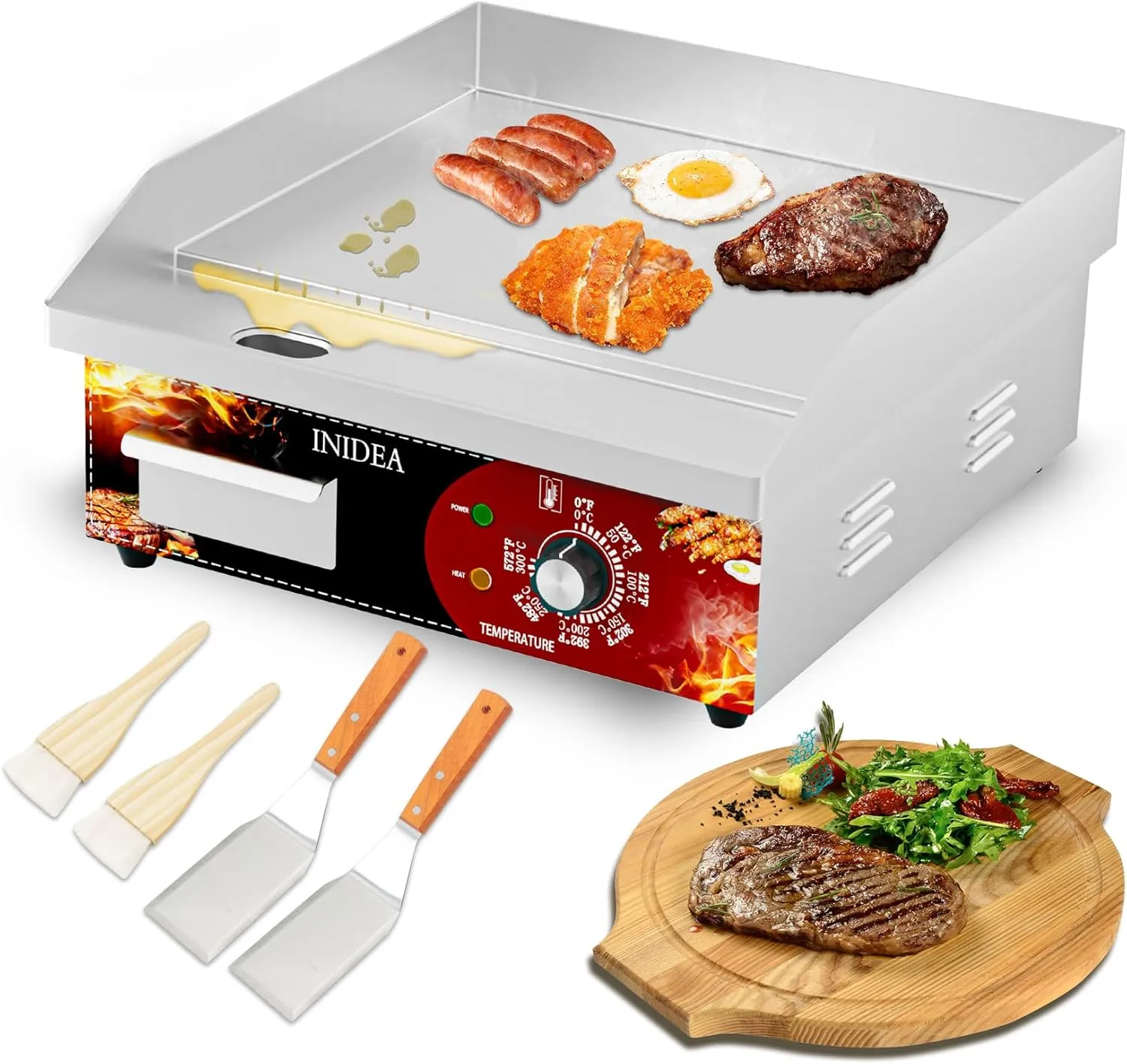 110V Commercial Electric Griddle 14",1600W Countertop Flat Top Grill,Non-Stick Stainless Steel Teppanyaki Griddle, 122-572℉ Adjustable Temp Control, Perfect for Home or Restaurant Kitchen Use