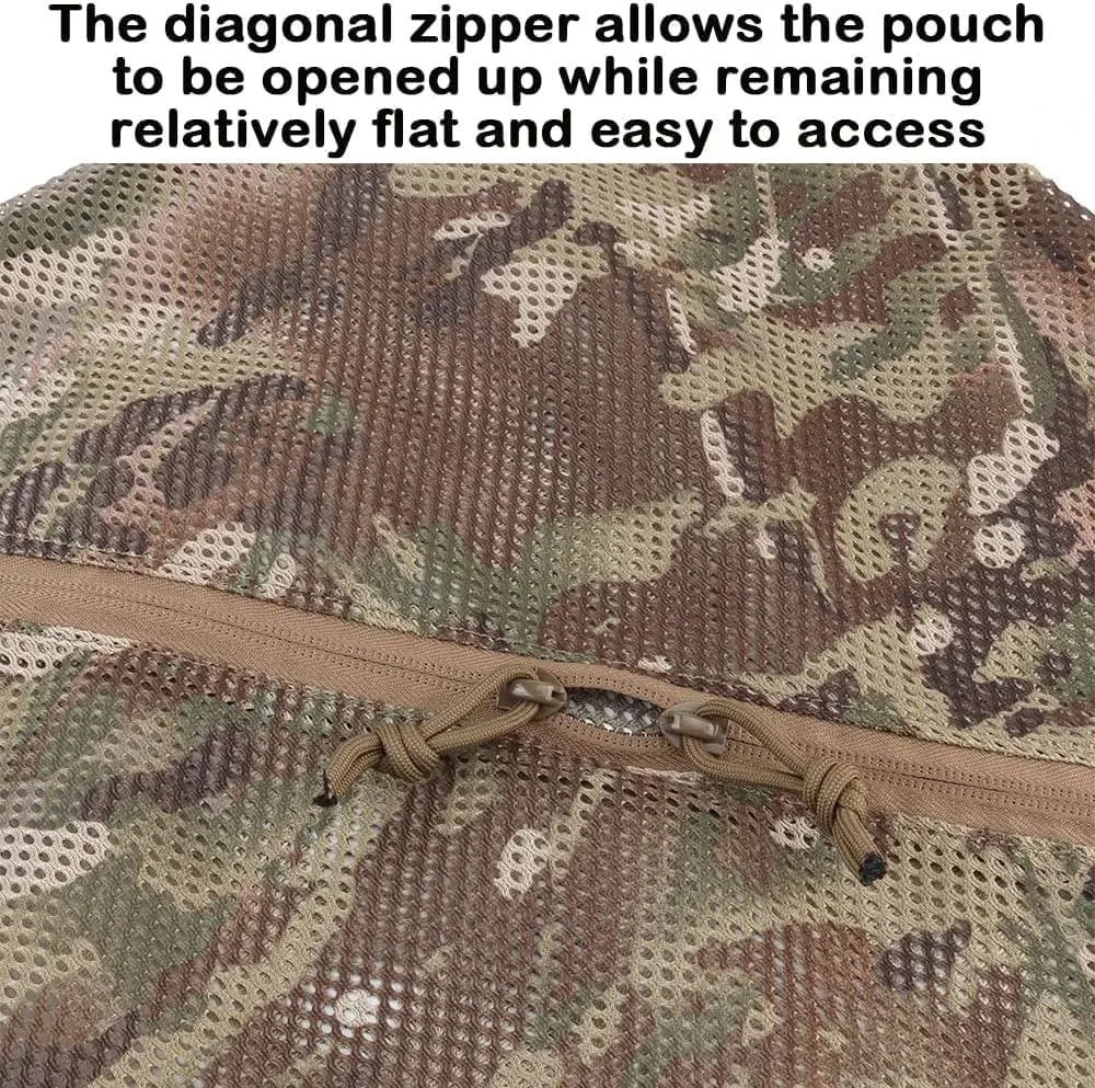 12 * 12in Net Storage Bags Mesh E.DC Pouch Utility Tool Pocket Organizer Two-Way Zipper Camping Tactical Airsoft Military Gear (Khaki)
