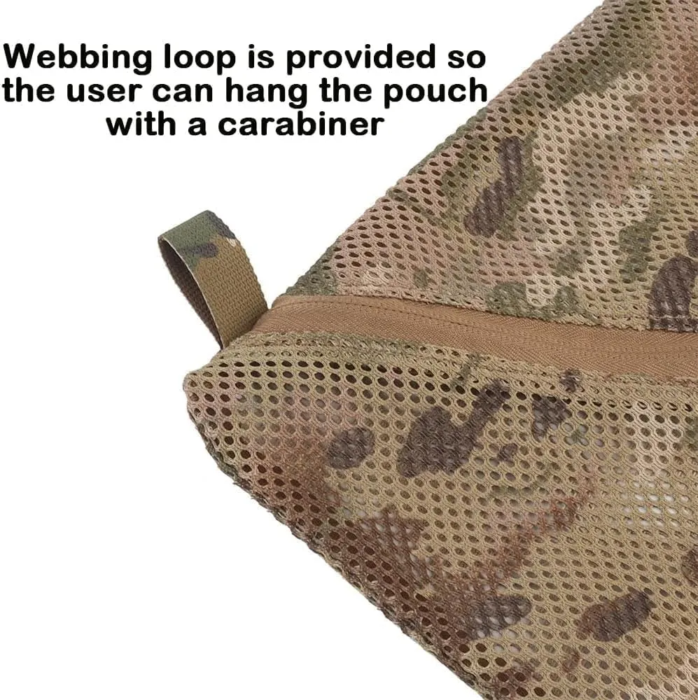 12 * 12in Net Storage Bags Mesh E.DC Pouch Utility Tool Pocket Organizer Two-Way Zipper Camping Tactical Airsoft Military Gear (Khaki)