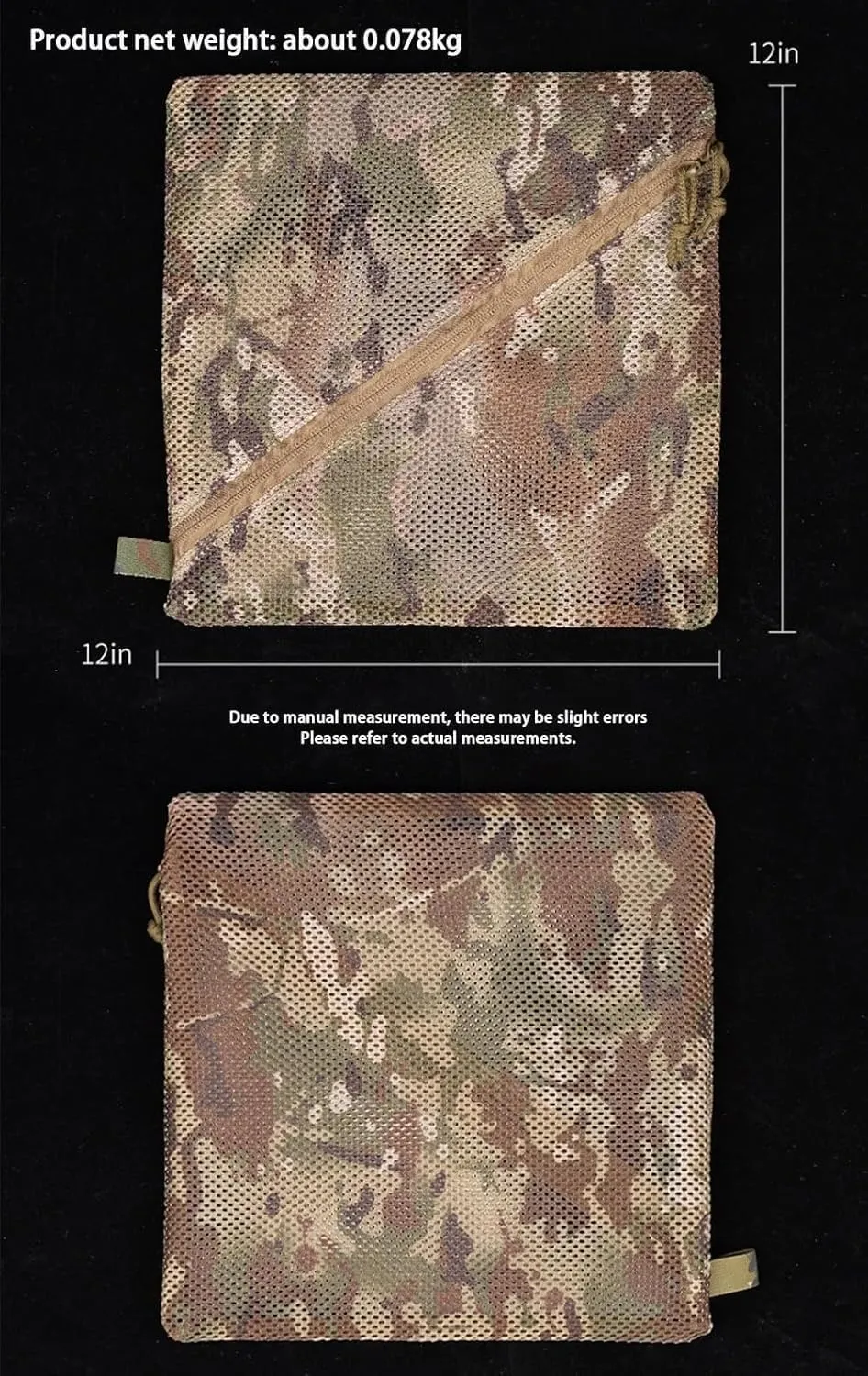 12 * 12in Net Storage Bags Mesh E.DC Pouch Utility Tool Pocket Organizer Two-Way Zipper Camping Tactical Airsoft Military Gear (Khaki)