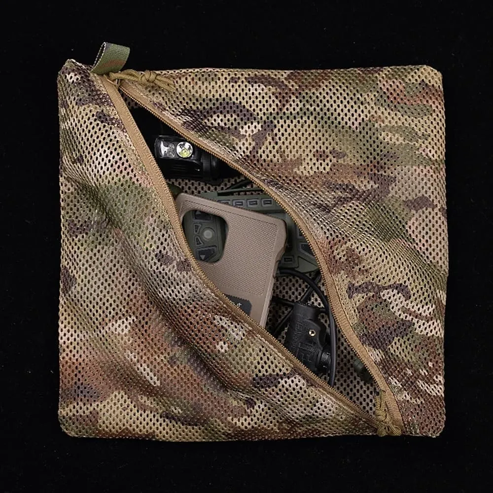 12 * 12in Net Storage Bags Mesh E.DC Pouch Utility Tool Pocket Organizer Two-Way Zipper Camping Tactical Airsoft Military Gear (Khaki)