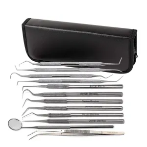 12 Pcs Oral Hygiene Kit Plaque Remover Professional Dental Picks Set for Teeth, Double & Single Ended Picks, Mouth Mirror   Cotton Pliers for Gum Care Cleaning Set Stainless Steel with Carrying Case