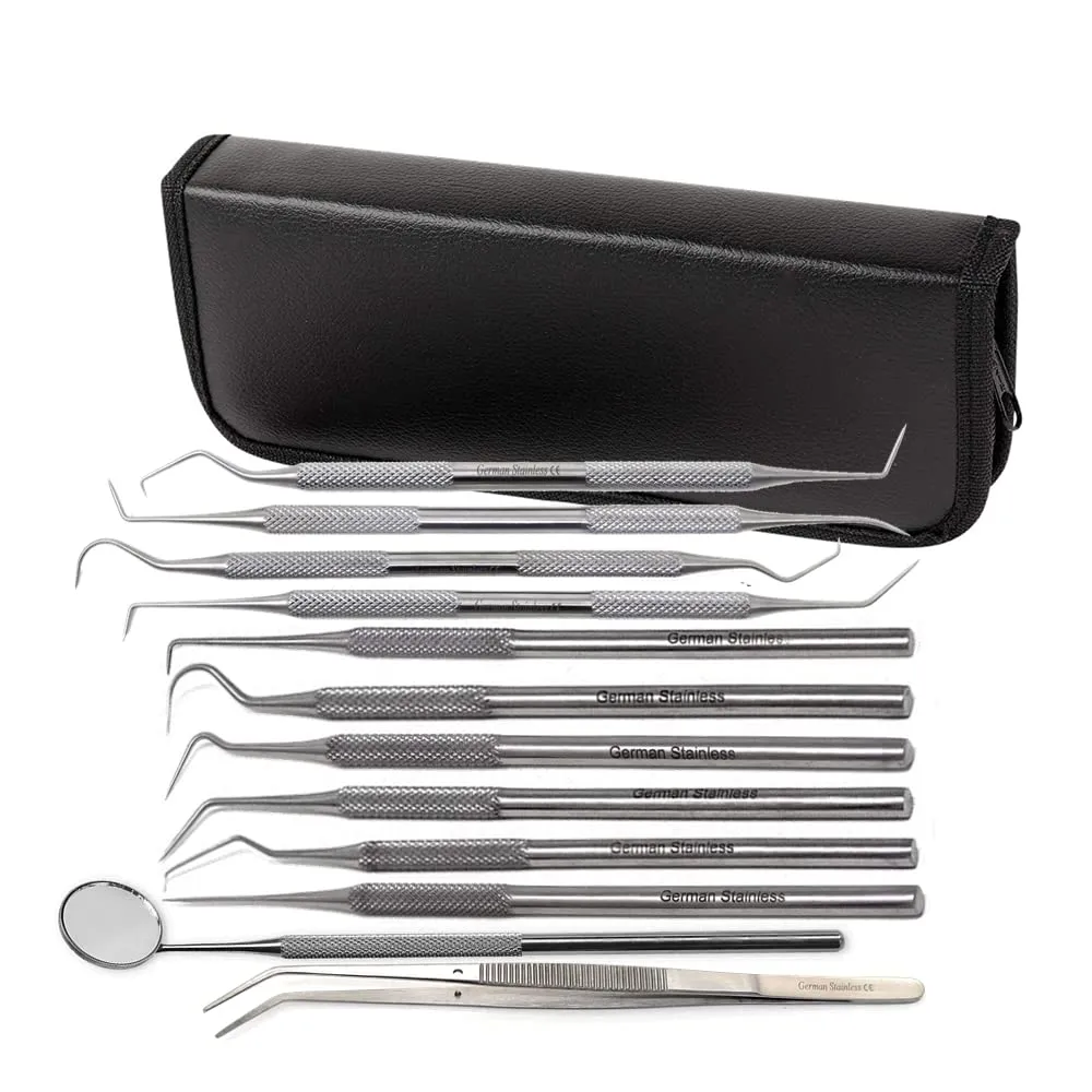 12 Pcs Oral Hygiene Kit Plaque Remover Professional Dental Picks Set for Teeth, Double & Single Ended Picks, Mouth Mirror   Cotton Pliers for Gum Care Cleaning Set Stainless Steel with Carrying Case
