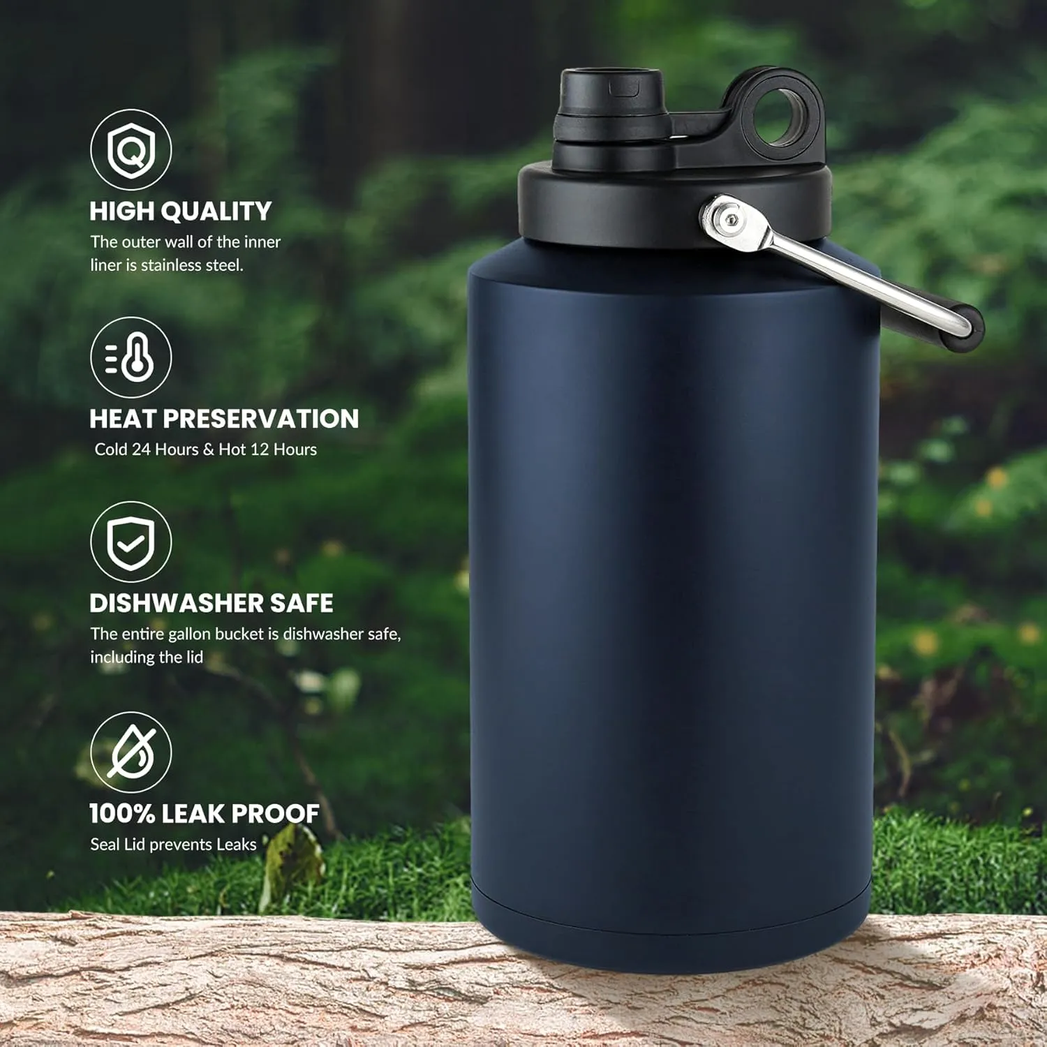 128oz Large Insulated Water Jug - One Gallon Double Vacuum Insulated Bottle Dishwasher Safe for Hot & Cold Drinks with Wide Mouth & Handle (Navy Blue, 128 Ounces)