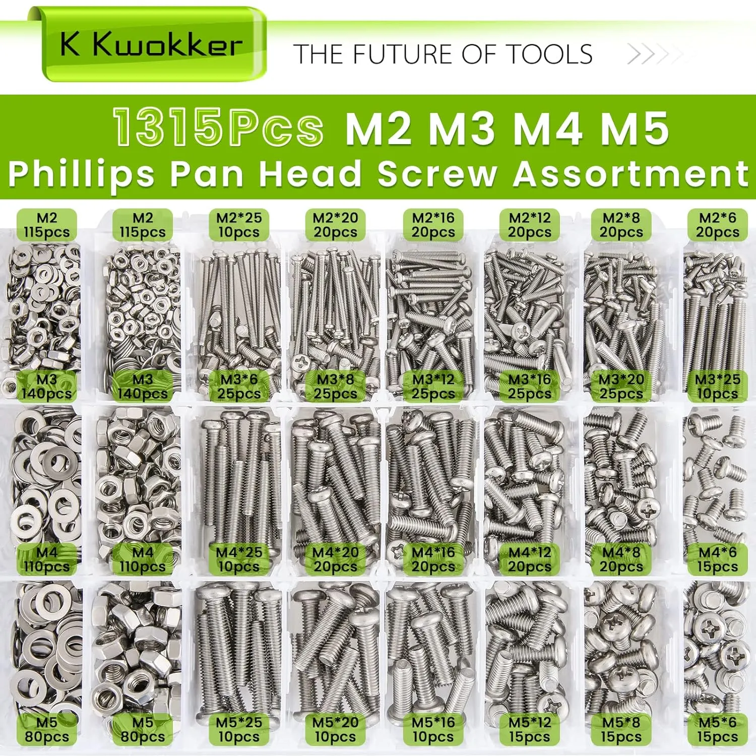 1315Pcs Pan Head Phillips M2 M3 M4 M5 Machine Screws, 25 Sizes Bolts and Nuts Kit, 304 Stainless Steel Set Screw Assortment Kit, Metric Screw Assortment, Length 6mm-25mm, w/Screwdriver