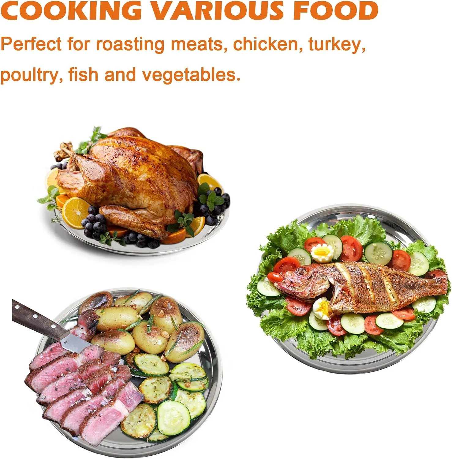 14 In Stainless Steel Roasting Pan, Stainless Steel Heavy Duty Kitchenware Round Roaster Pan Large XLarge Big Size Green Egg Drip Pan for Turkey Baking,Roast Chicken,Brushed Surface & Dishwasher Safe