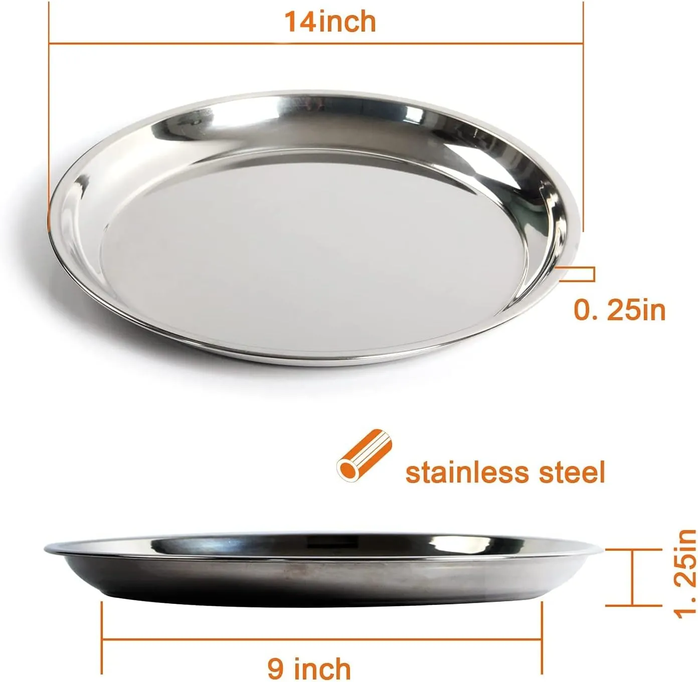 14 In Stainless Steel Roasting Pan, Stainless Steel Heavy Duty Kitchenware Round Roaster Pan Large XLarge Big Size Green Egg Drip Pan for Turkey Baking,Roast Chicken,Brushed Surface & Dishwasher Safe