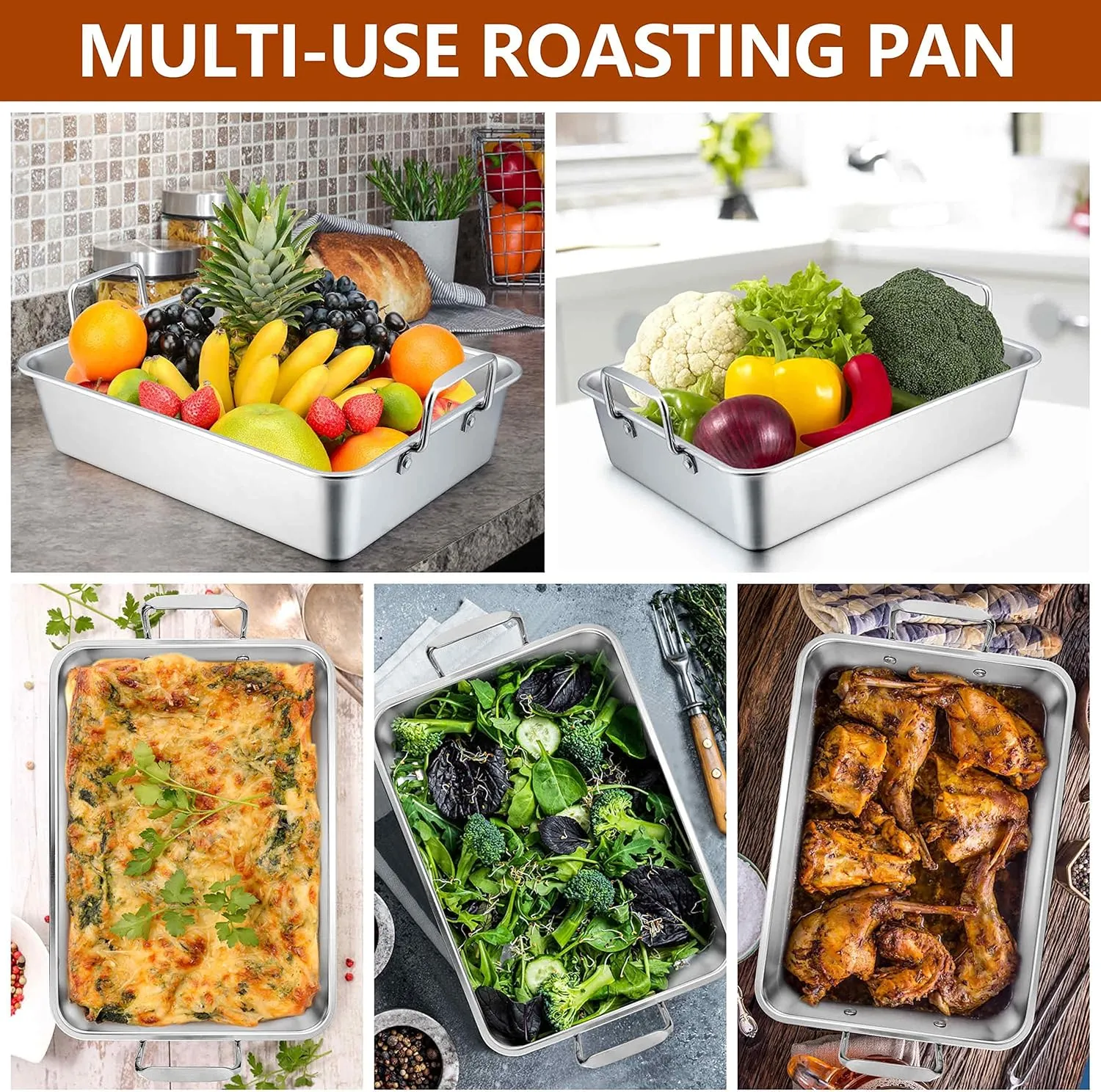 14 x 10.6 Inch Roasting Pan, Herogo Stainless Steel Turkey Roaster Pan with V-shaped Rack & Flat Cooling Rack Set for Oven Cooking Toaster, Dishwasher Safe - Small