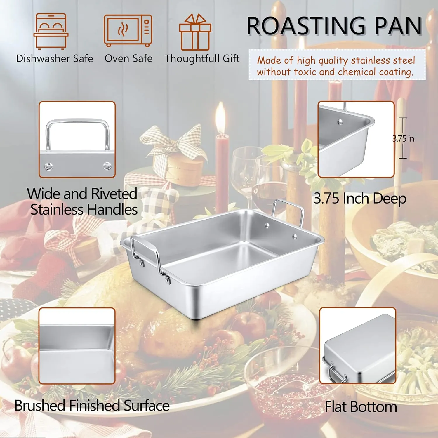 14 x 10.6 Inch Roasting Pan, Herogo Stainless Steel Turkey Roaster Pan with V-shaped Rack & Flat Cooling Rack Set for Oven Cooking Toaster, Dishwasher Safe - Small