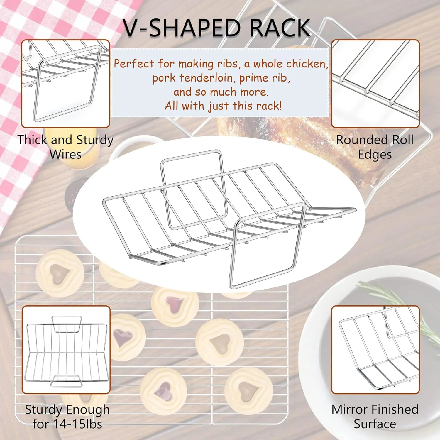 14 x 10.6 Inch Roasting Pan, Herogo Stainless Steel Turkey Roaster Pan with V-shaped Rack & Flat Cooling Rack Set for Oven Cooking Toaster, Dishwasher Safe - Small