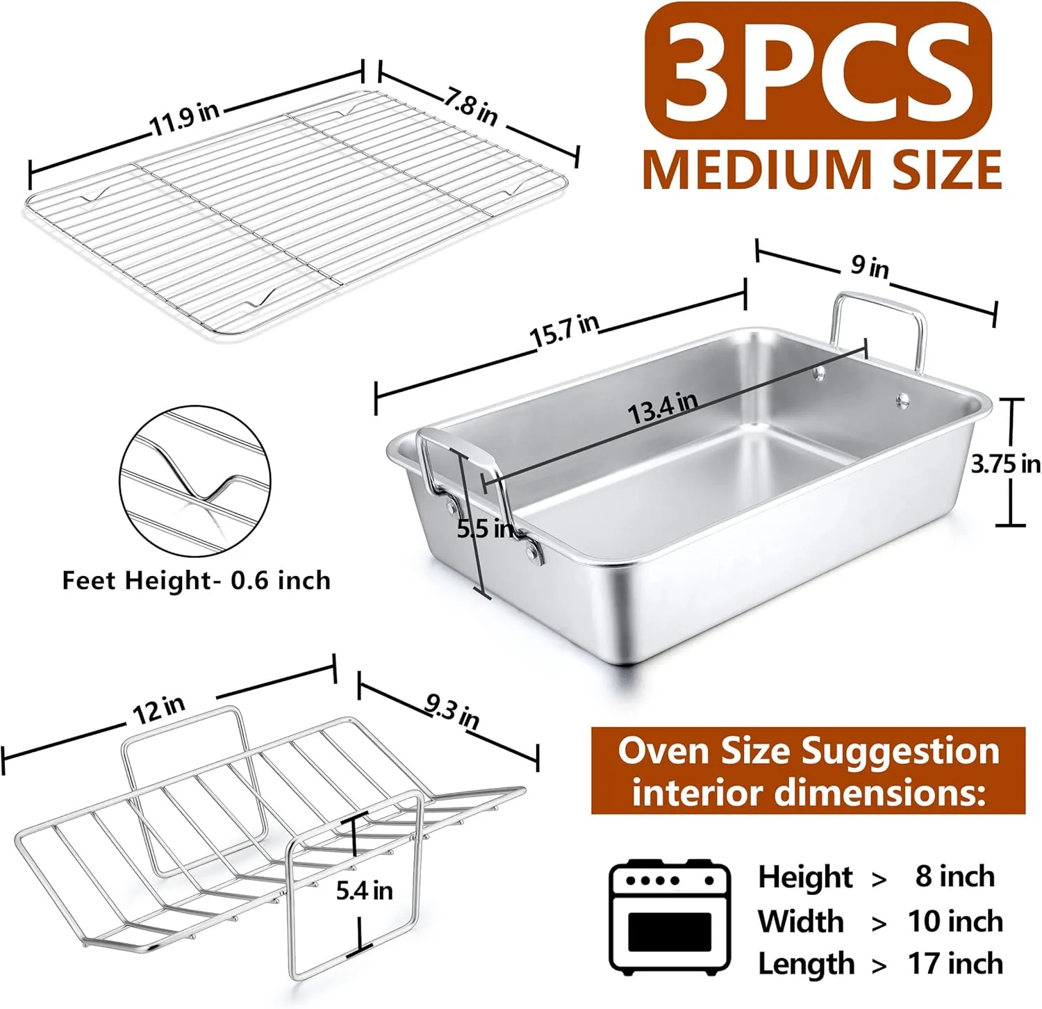 14 x 10.6 Inch Roasting Pan, Herogo Stainless Steel Turkey Roaster Pan with V-shaped Rack & Flat Cooling Rack Set for Oven Cooking Toaster, Dishwasher Safe - Small