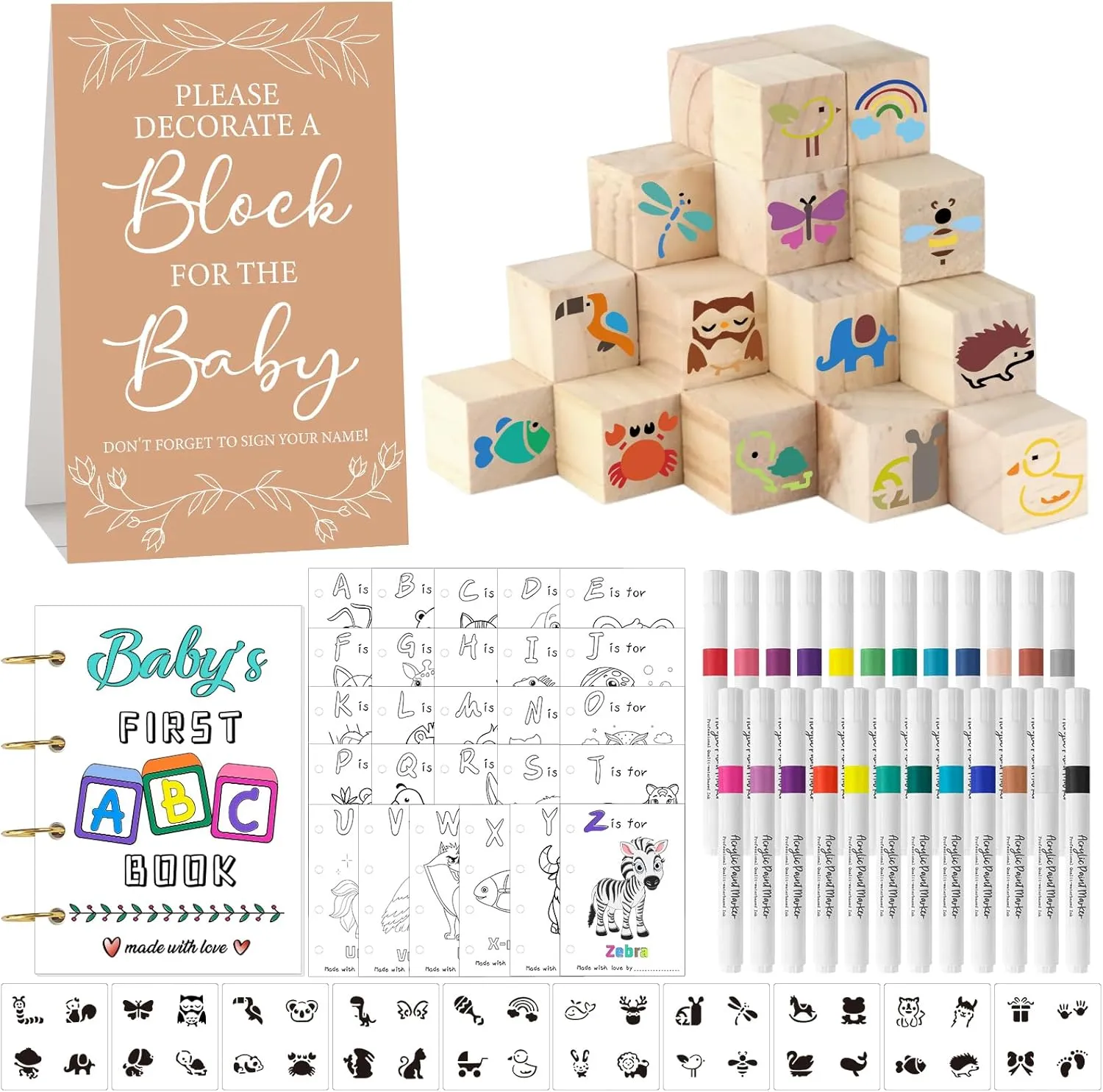 146 Pcs Baby Shower Game Sign Set Includes Decorative Square 54 DIY Blank Wooden Blocks 24 Paint Markers 27 Page Baby‘s First ABC Book