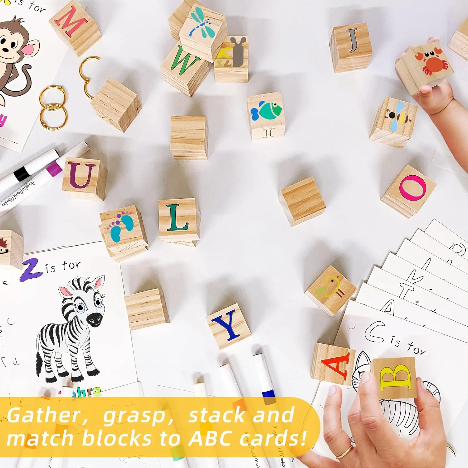 146 Pcs Baby Shower Game Sign Set Includes Decorative Square 54 DIY Blank Wooden Blocks 24 Paint Markers 27 Page Baby‘s First ABC Book