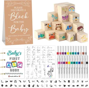 146 Pcs Baby Shower Game Sign Set Includes Decorative Square 54 DIY Blank Wooden Blocks 24 Paint Markers 27 Page Baby‘s First ABC Book