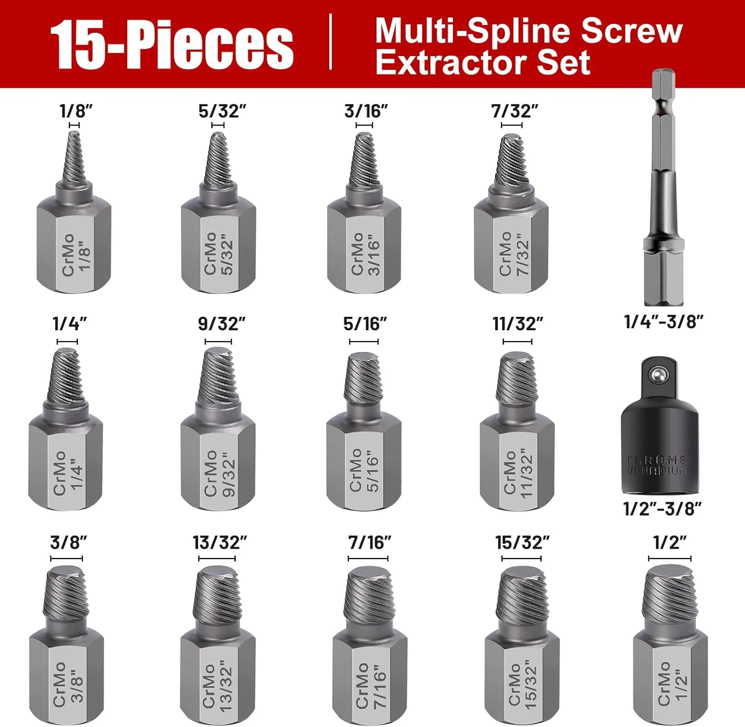 15 Pieces Screw Extractor Set, Easy Out Bolt Extractor Kit, 3/8" Inch Drive Hex Head Multi-Spline Bolt Remover Kit Tool for Removing Stripped, Broken Rusted Bolts Screws