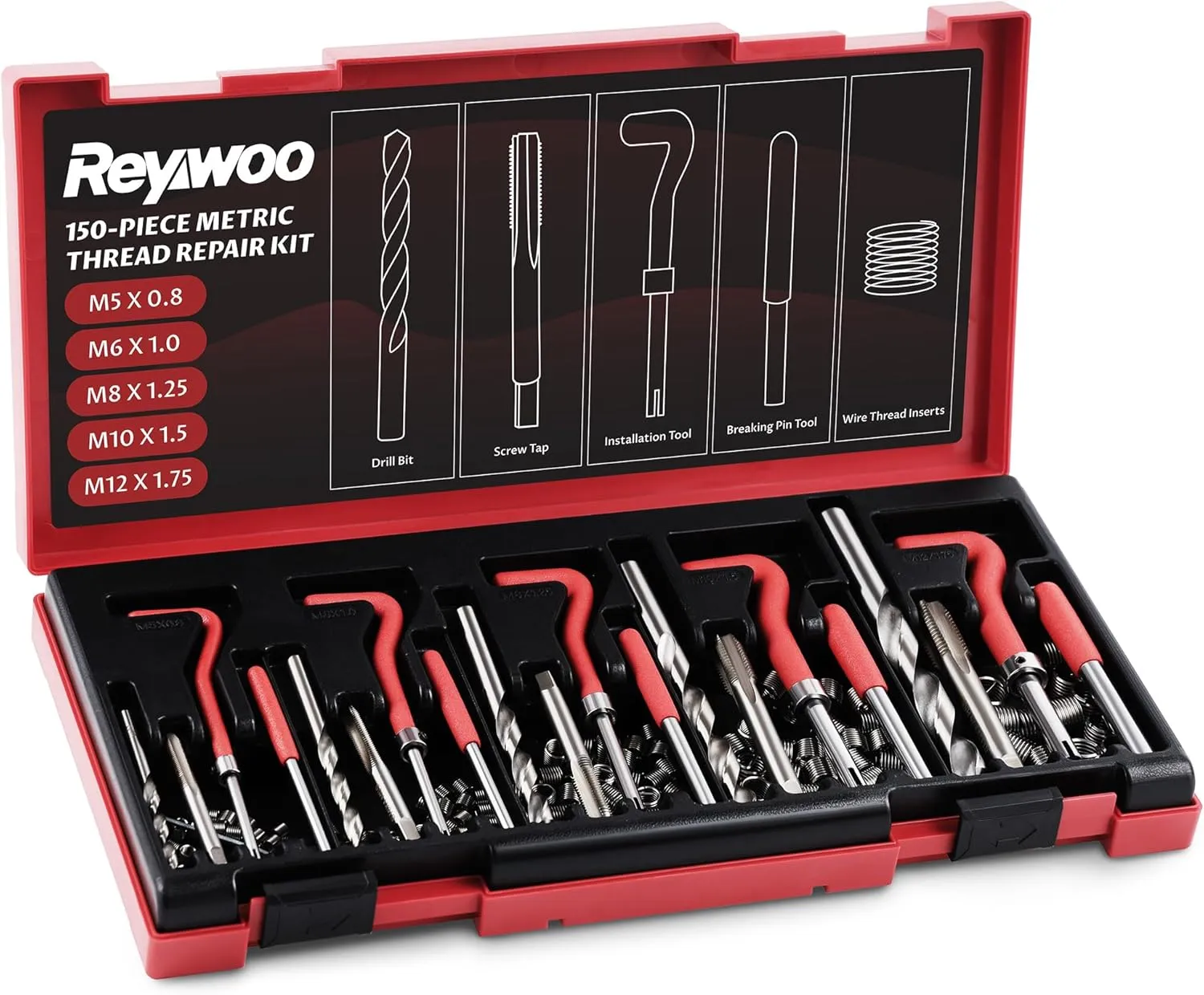 150 PC Helicoil Thread Repair Kit, Metric Helicoil Kit with HSS Drill Bits Inserts Taps Break Off Tools, Rethreading Tools in M5 M6 M8 M10 M12 Sizes
