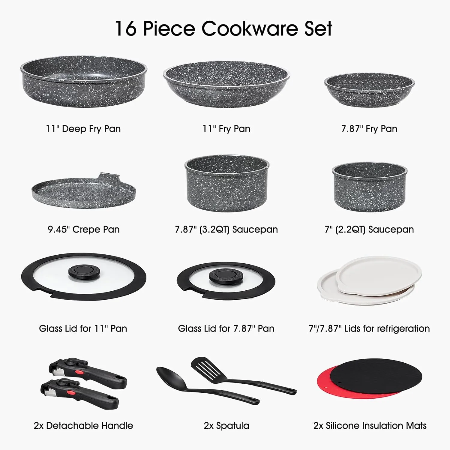 16pcs Pots and Pans Set Non Stick from France, Ceramic Cookware Set with Removable Handle, Induction RV Kitchen Cookware Set, Stackable, PFOA and PFAS Free, Oven Safe, Black Granite