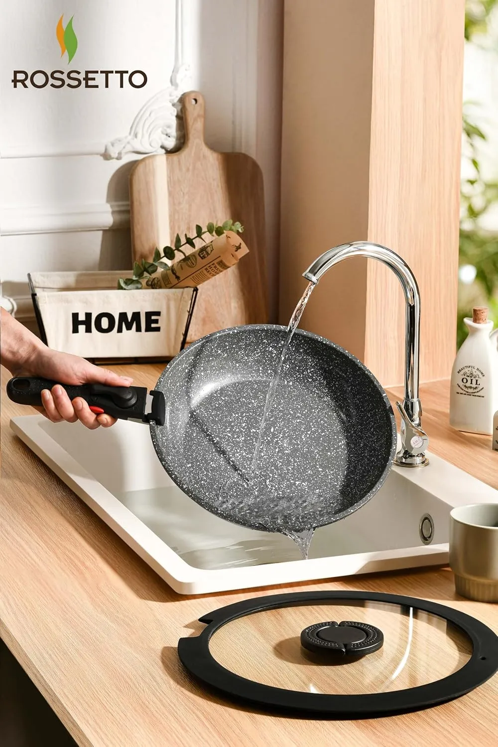 16pcs Pots and Pans Set Non Stick from France, Ceramic Cookware Set with Removable Handle, Induction RV Kitchen Cookware Set, Stackable, PFOA and PFAS Free, Oven Safe, Black Granite