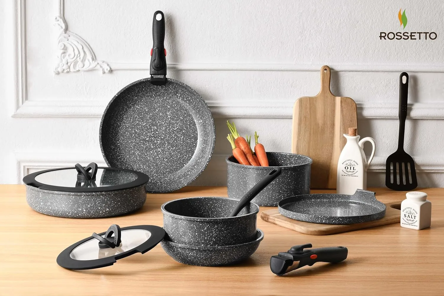 16pcs Pots and Pans Set Non Stick from France, Ceramic Cookware Set with Removable Handle, Induction RV Kitchen Cookware Set, Stackable, PFOA and PFAS Free, Oven Safe, Black Granite