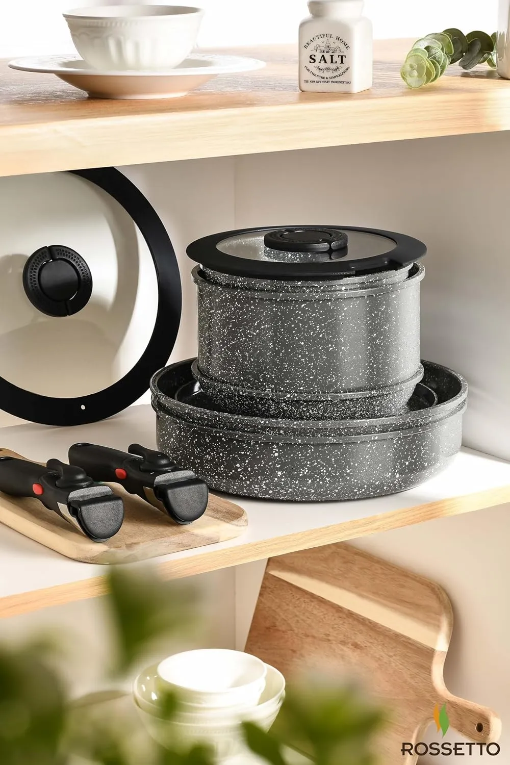 16pcs Pots and Pans Set Non Stick from France, Ceramic Cookware Set with Removable Handle, Induction RV Kitchen Cookware Set, Stackable, PFOA and PFAS Free, Oven Safe, Black Granite