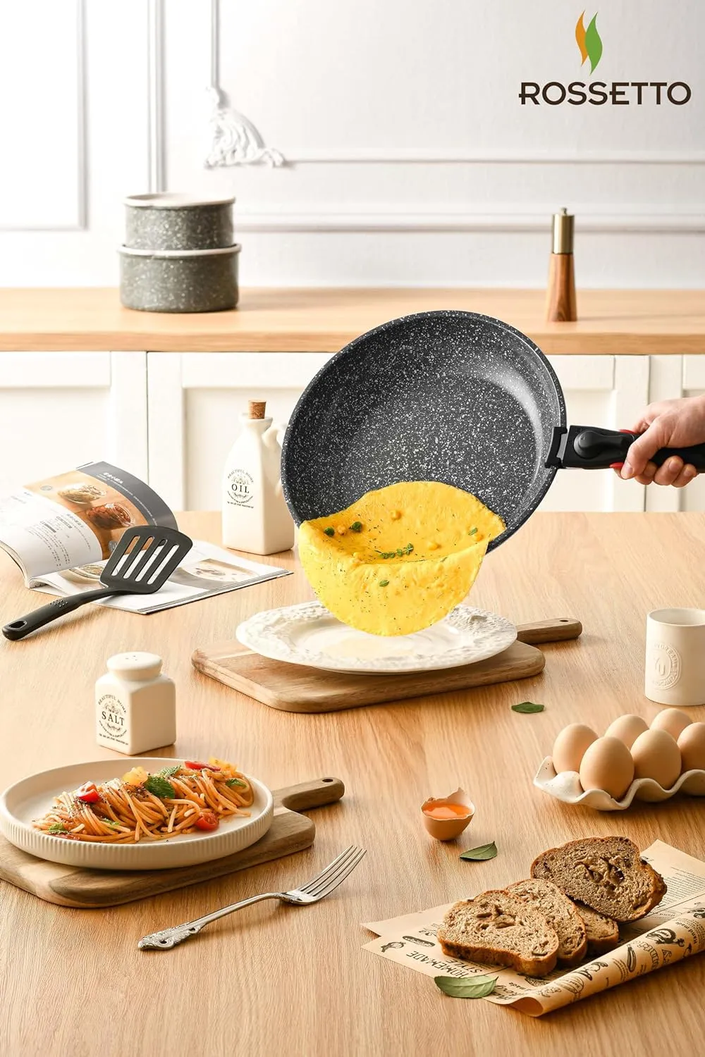 16pcs Pots and Pans Set Non Stick from France, Ceramic Cookware Set with Removable Handle, Induction RV Kitchen Cookware Set, Stackable, PFOA and PFAS Free, Oven Safe, Black Granite