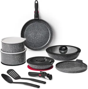 16pcs Pots and Pans Set Non Stick from France, Ceramic Cookware Set with Removable Handle, Induction RV Kitchen Cookware Set, Stackable, PFOA and PFAS Free, Oven Safe, Black Granite