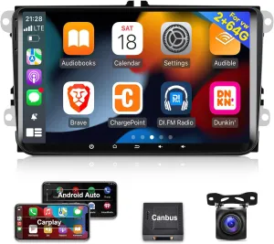 [2 64G] 9 inch Android 13 Car Radio for VW Passat Jetta Seat Golf Skoda Polo Tiguan Beetle, Touch Screen Volkswagen Stereo with CarPlay/Android Auto/Bluetooth/GPS/WiFi  AHD Backup Camera MIC