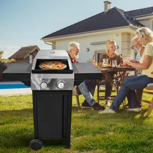 2 Burner Gas Grill and Pizza Oven for Outdoor Cooking, Portable and Easy to Use, Black and Silver