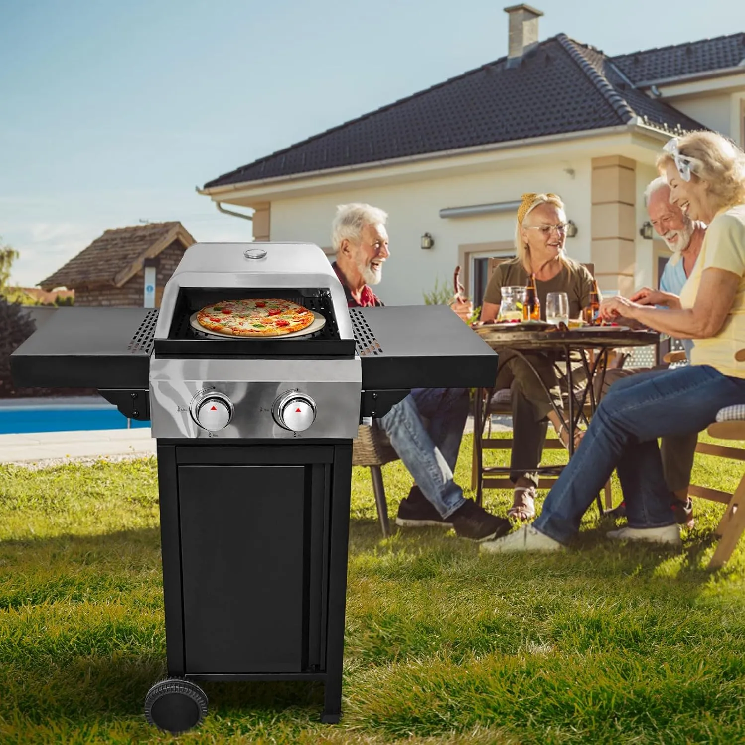 2 Burner Gas Grill and Pizza Oven for Outdoor Cooking, Portable and Easy to Use, Black and Silver