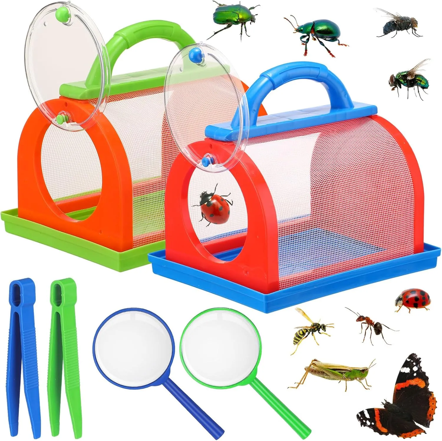 2 Pack Bug Catcher Kit Summer Toy Gift for Kids Boys Girls Outdoor Critter Bug Container Insect Cage Educational Bug Box for Butterfly Catching Activity Supplies(Blue, Green)