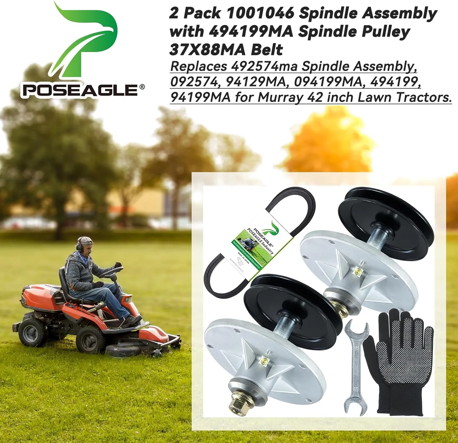 2 Pack Pre-Greased 1001046 Spindle Assembly with 494199MA Spindle Pulley 37X88MA Belt Replaces Murray 492574ma Spindle Assembly, 092574, 94129MA, 094199MA for Murray 42 inch Lawn Tractors