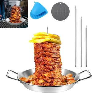 2024 New Gyro Pan with Skewer, Stainless Steel Vertical Skewer Pan, Gyro Cooking Plate, Gyro Pan with Skewer for Oven, For 𝙏𝙖𝙘𝙤𝙨 𝘼𝙡 𝙋𝙖𝙨𝙩𝙤𝙧, 𝙎𝙝𝙖𝙬𝙖𝙧𝙢𝙖 𝙆𝙚𝙗𝙖𝙗𝙨 BBQ Dishes (9in), 1