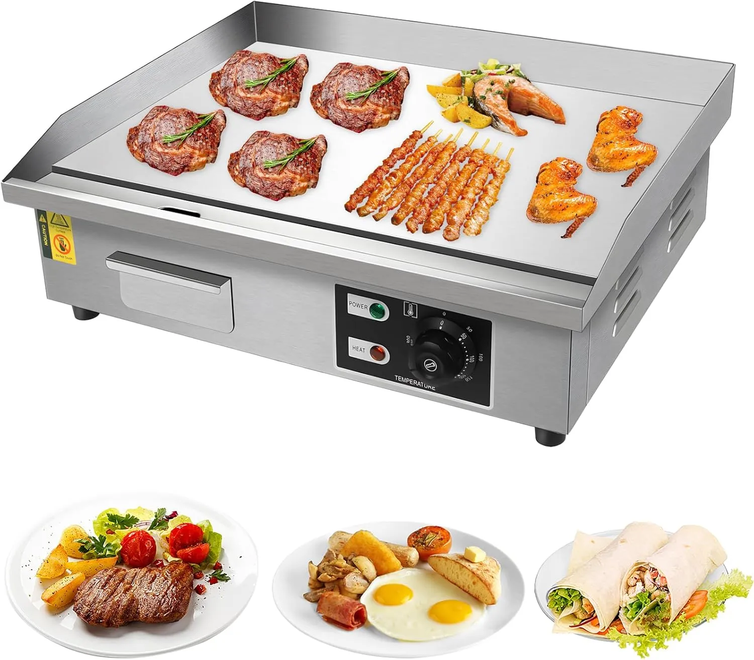 22" Commercial Electric Countertop Griddle, 3000W 110V Flat Top Grill, Non-Stick Teppanyaki Grill, Stainless Steel Hot Plate BBQ, with Adjustable Temp Control for Restaurant Kitchen
