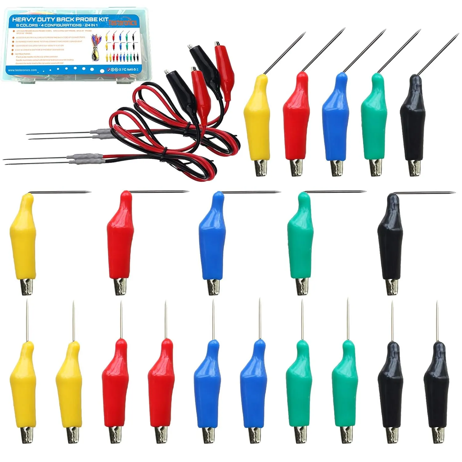 24 in 1 Heavy Duty Electrical Back Probe Kit | 4 PCS Extended Back Probe Wires | 20 PCS Alligator Clip to Back Probe Needle