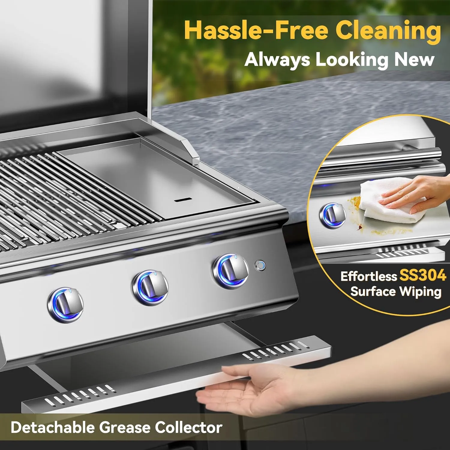 26 Inch BBQ Head Grill Griddle for Outdoor Kitchen, Liquid Propane Bulit-in Grills for Barbecue Island, 3-Burner, 3 * 14,000 BTU, Premium 304 Stainless Steel, Convertible to Natural Gas