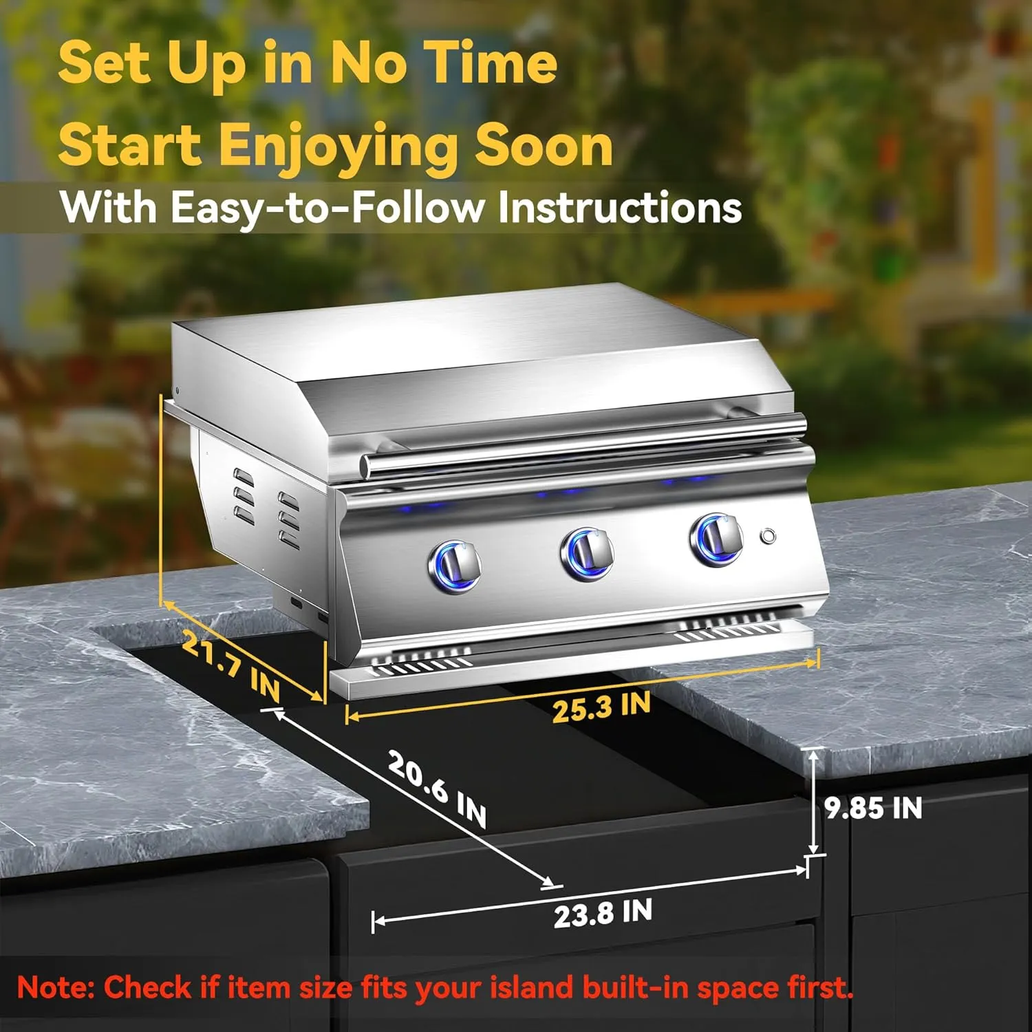 26 Inch BBQ Head Grill Griddle for Outdoor Kitchen, Liquid Propane Bulit-in Grills for Barbecue Island, 3-Burner, 3 * 14,000 BTU, Premium 304 Stainless Steel, Convertible to Natural Gas