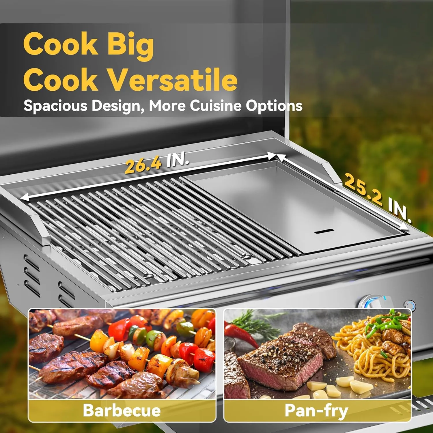 26 Inch BBQ Head Grill Griddle for Outdoor Kitchen, Liquid Propane Bulit-in Grills for Barbecue Island, 3-Burner, 3 * 14,000 BTU, Premium 304 Stainless Steel, Convertible to Natural Gas