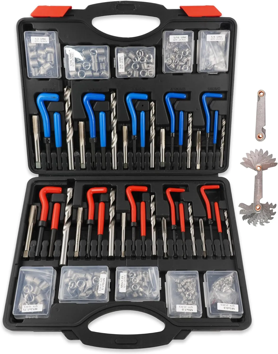263-Piece Helicoil Thread Repair Kit, Metric & SAE HSS Helicoil Drill Thread Restorer Kit, Rethreading Tools in 1/4" 5/16" 3/8" 7/16" 1/2" & M5 M6 M8 M10 M12 Sizes and Thread Gauge