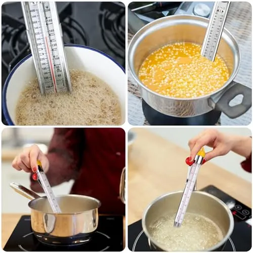 2Pcs Candy Thermometer with Pot Clip, Stainless Steel Deep Fry Oil Thermometer with Hanging Hook Instant Read Glass Cooking Oil Candy Fry Jam Sugar Syrup Jelly Food Thermometer for Food