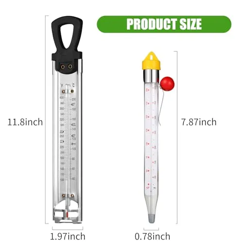 2Pcs Candy Thermometer with Pot Clip, Stainless Steel Deep Fry Oil Thermometer with Hanging Hook Instant Read Glass Cooking Oil Candy Fry Jam Sugar Syrup Jelly Food Thermometer for Food