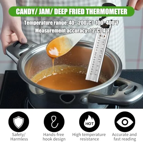 2Pcs Candy Thermometer with Pot Clip, Stainless Steel Deep Fry Oil Thermometer with Hanging Hook Instant Read Glass Cooking Oil Candy Fry Jam Sugar Syrup Jelly Food Thermometer for Food