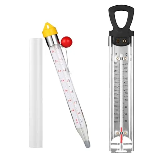2Pcs Candy Thermometer with Pot Clip, Stainless Steel Deep Fry Oil Thermometer with Hanging Hook Instant Read Glass Cooking Oil Candy Fry Jam Sugar Syrup Jelly Food Thermometer for Food